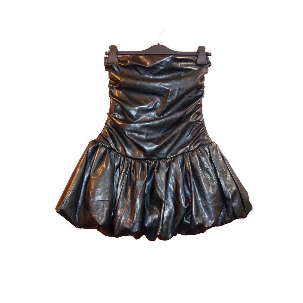 AKIRA Black Faux Leather Strapless Ruched Bubble Hem Mini Dress Size M